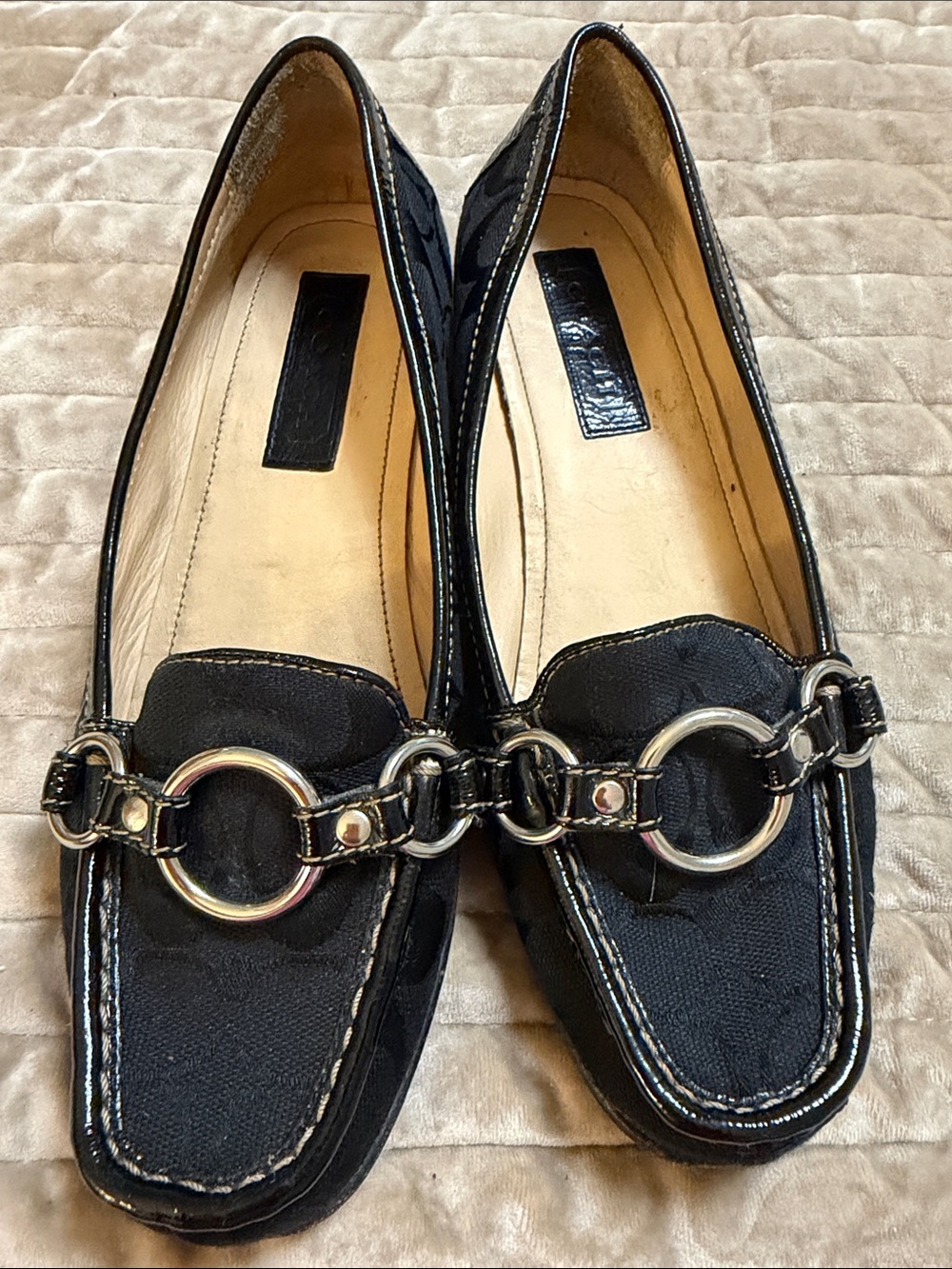 Coach Black Canvas Slip-On Loafers with Silver Ring Hardware